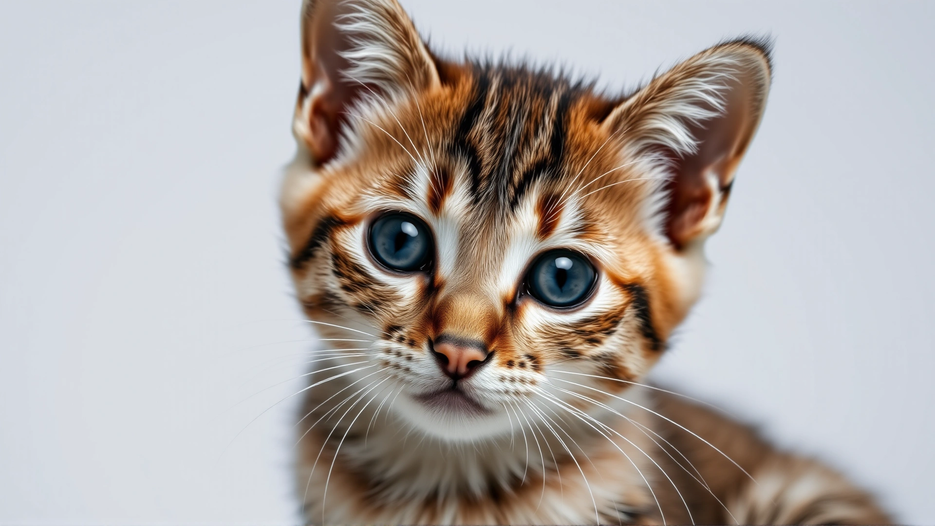 Close-up frontal photo of a young cat sitting with head slightly tilted, showcasing pronounced forehead to hint at hydrocephalus, plain backdrop