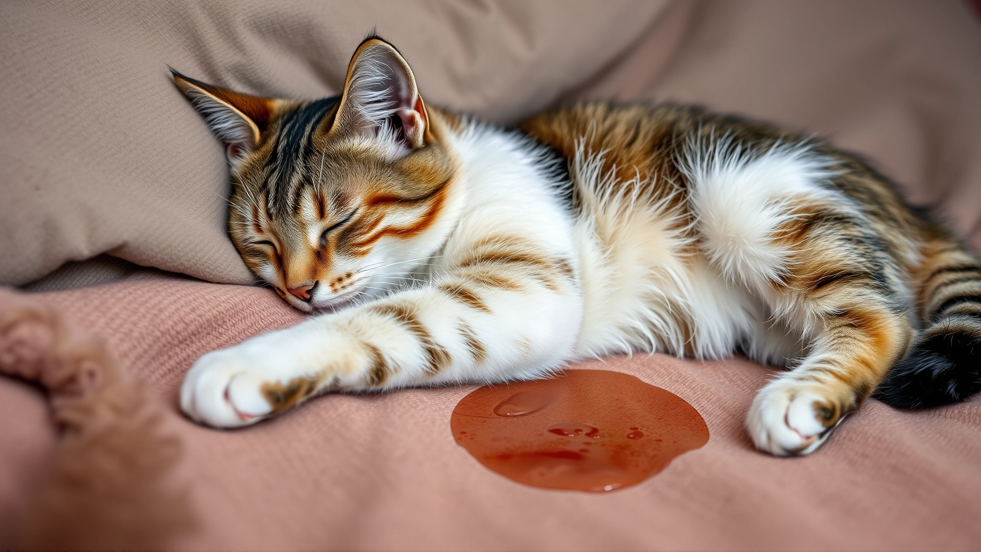 A tabby cat sleeping on a soft blanket with a small wet stain beneath it, illustrating urinary leakage.