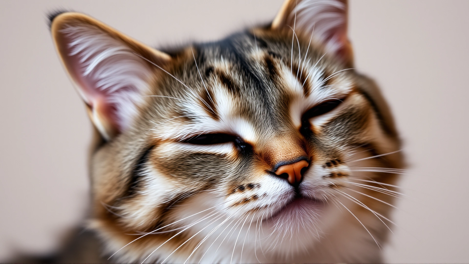 Gentle close-up portrait of a cat mid slow blink, relaxed expression, neutral background
