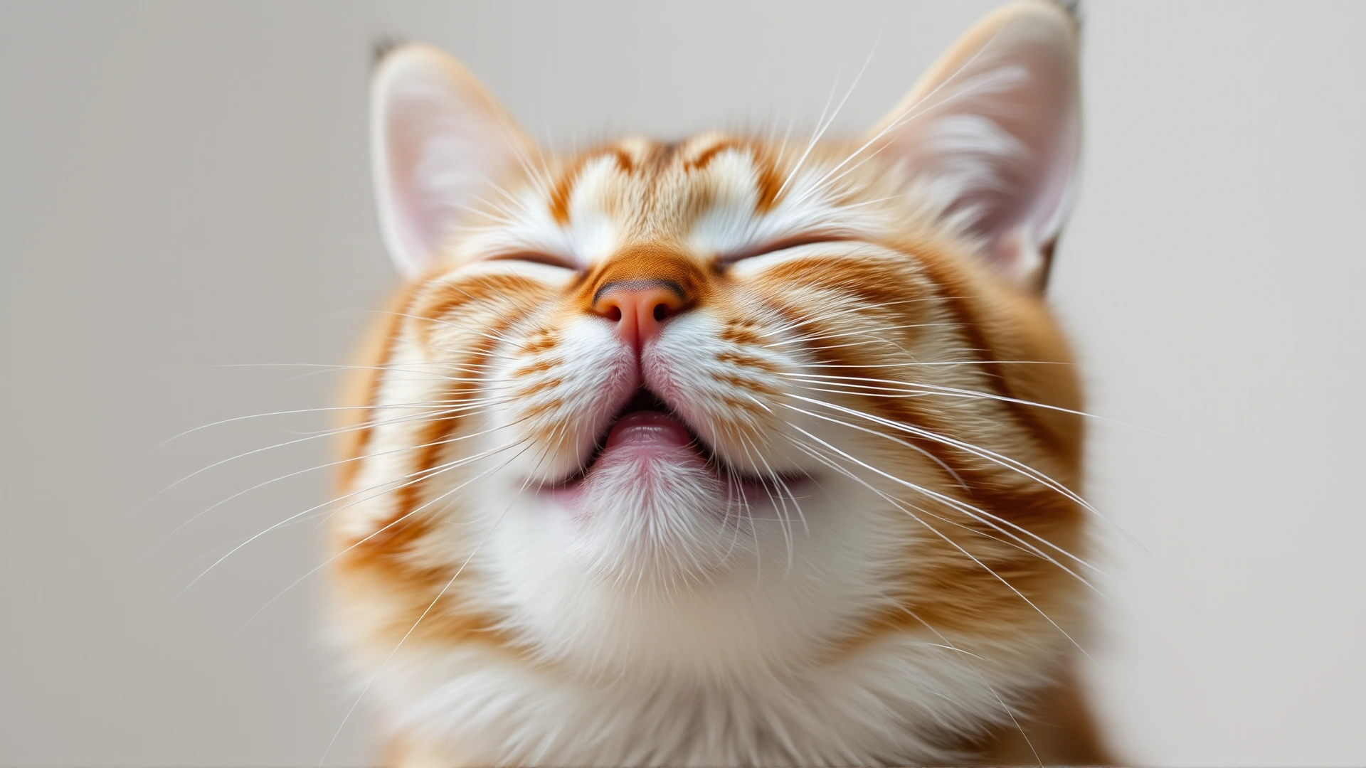 Close-up of a content cat doing a slow blink, soft-focus neutral background, high-resolution photo