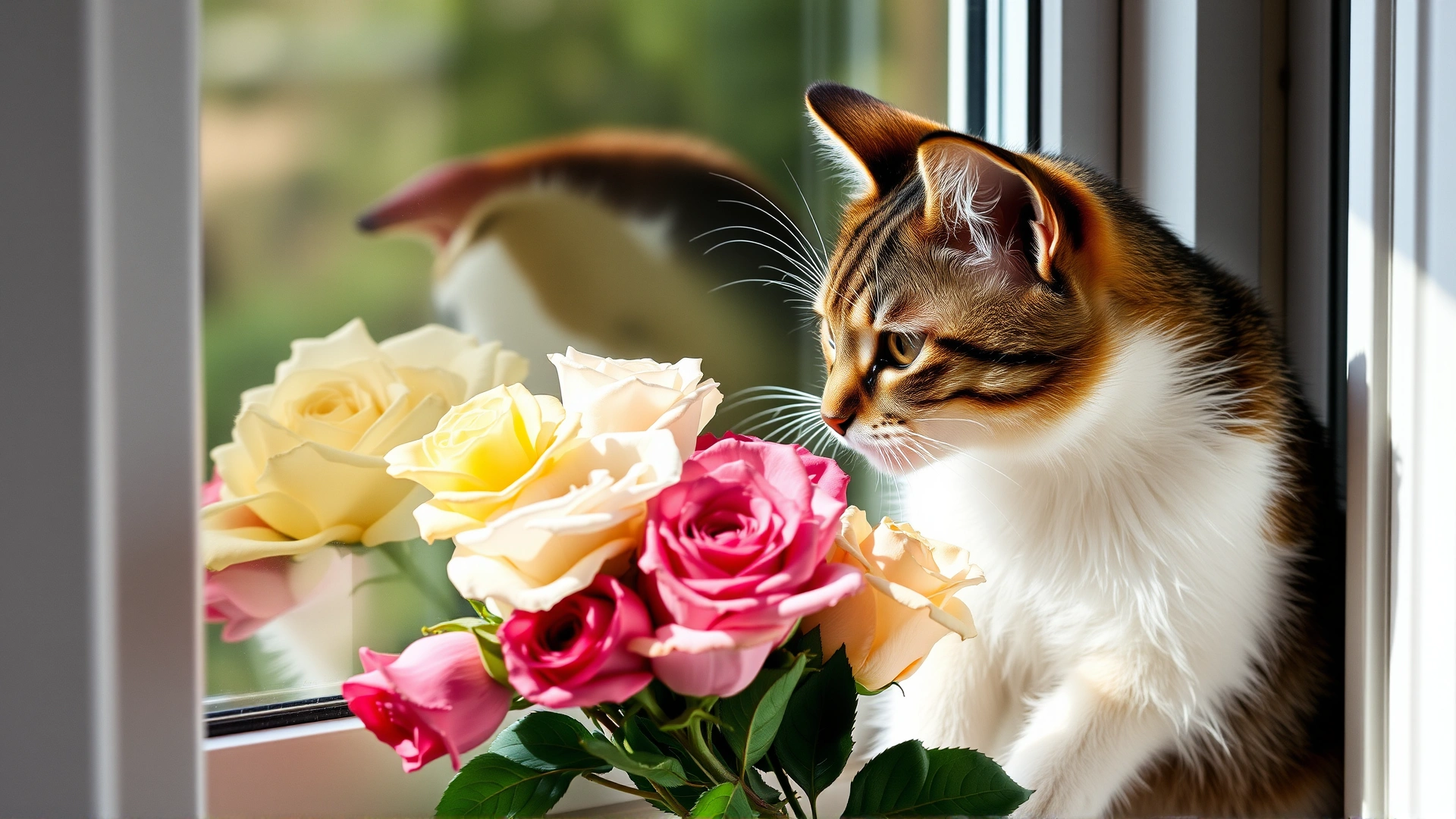 Domestic cat on a windowsill sniffing a bouquet of mixed colored roses in soft natural light