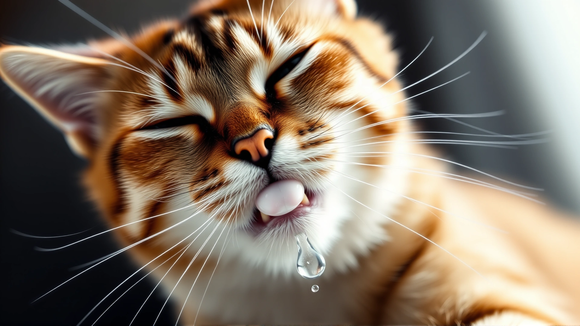 High-speed capture of a cat mid-sneeze with soft droplet motion blurred