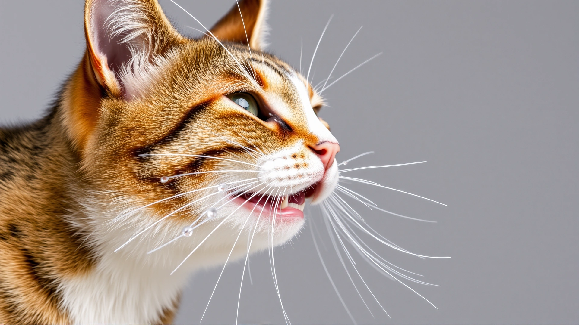 High-speed photograph capturing a tabby cat mid-sneeze with visible droplets, set against a neutral background.