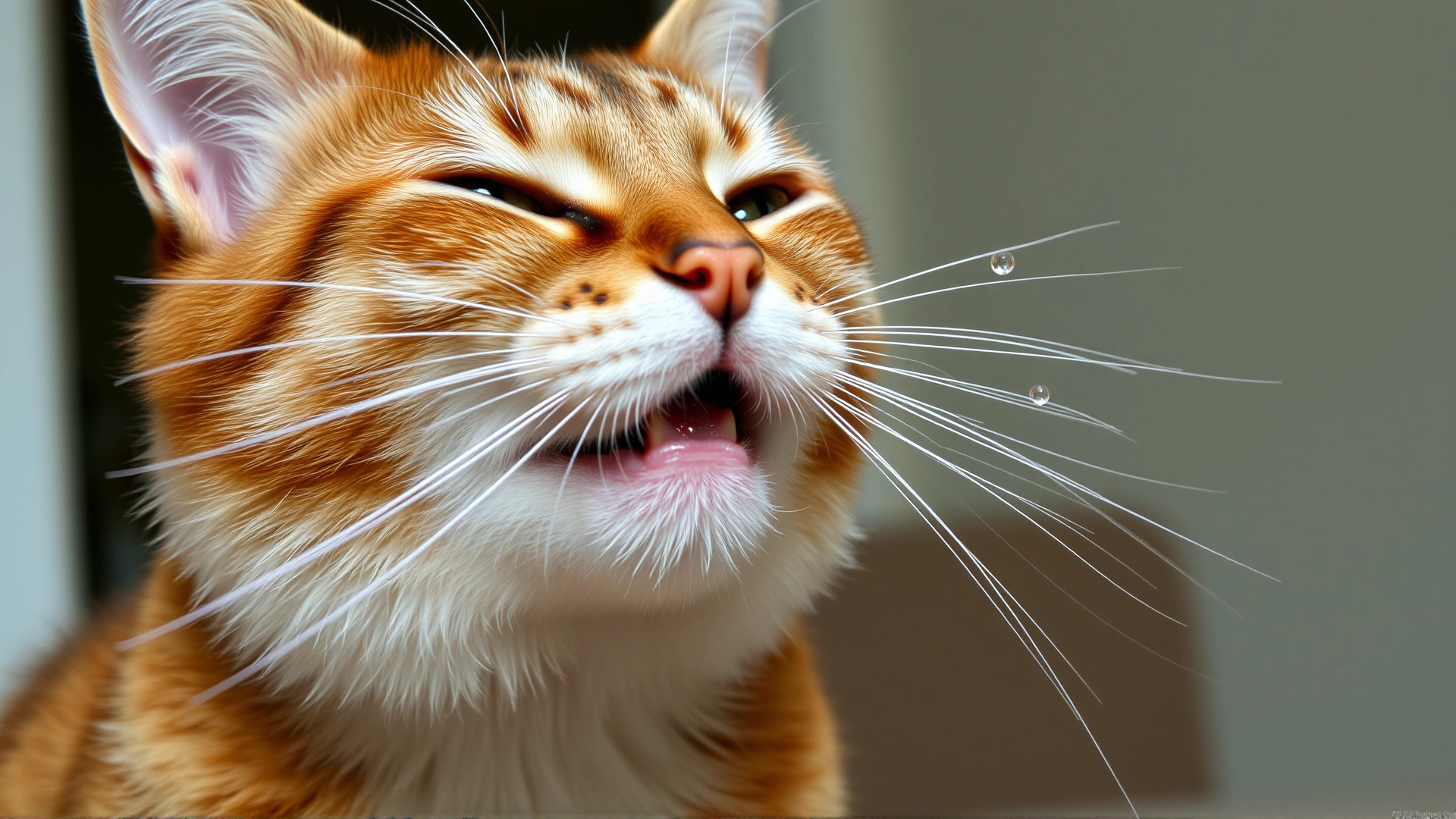 Close-up action shot of a cat mid-sneeze with visible droplets, neutral indoor background.