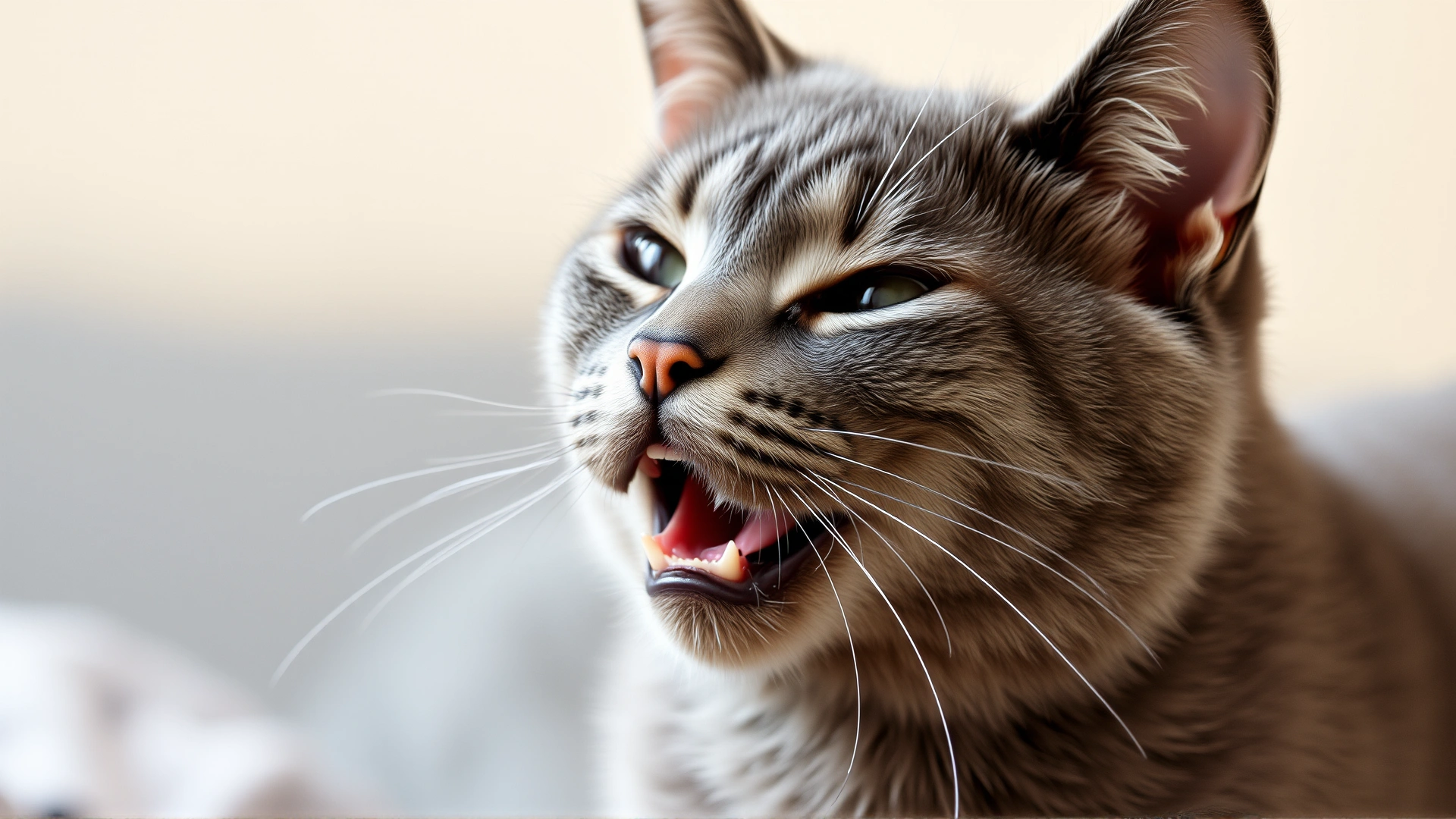 High-resolution image of a short-haired gray cat mid-sneeze, with a soft blurred background to emphasize the sneeze action.