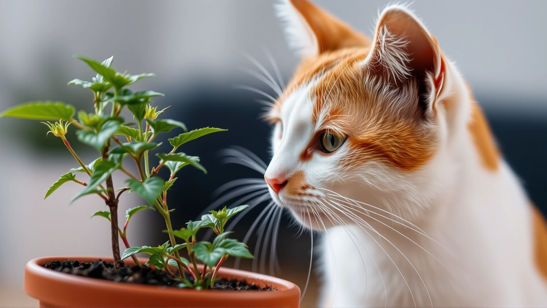 Macro shot of a white and orange cat sniffing a catnip plant in a small pot, focus on nose and leaves, blurred background, high resolution, no text.