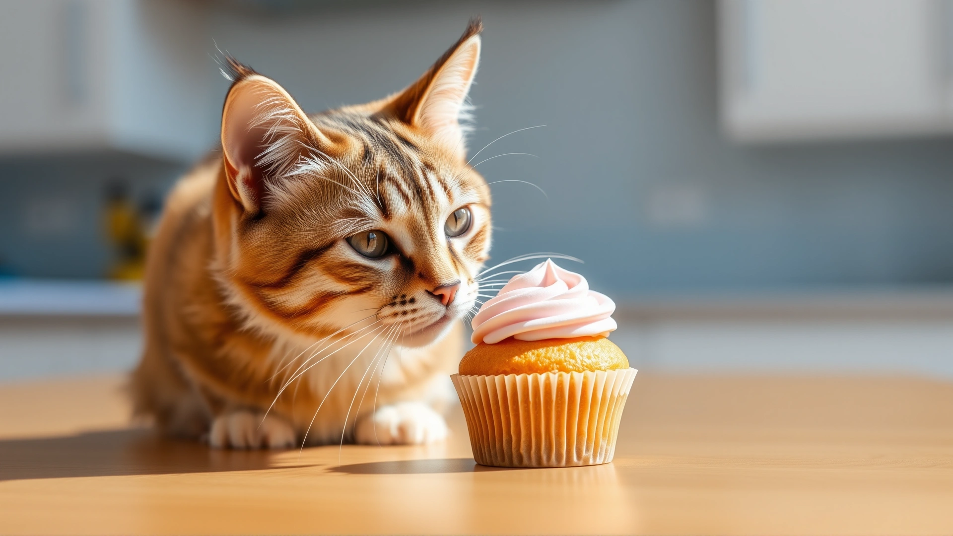 Domestic cat cautiously sniffing a cupcake with pastel frosting, kitchen background, bright daylight, shallow depth of field