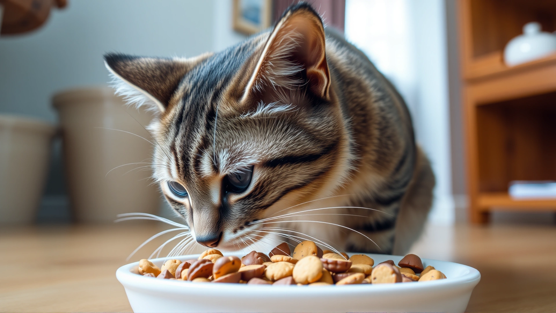 Domestic short-hair cat sniffing dry kibble in a dish, shot from side angle in a cozy home environment.