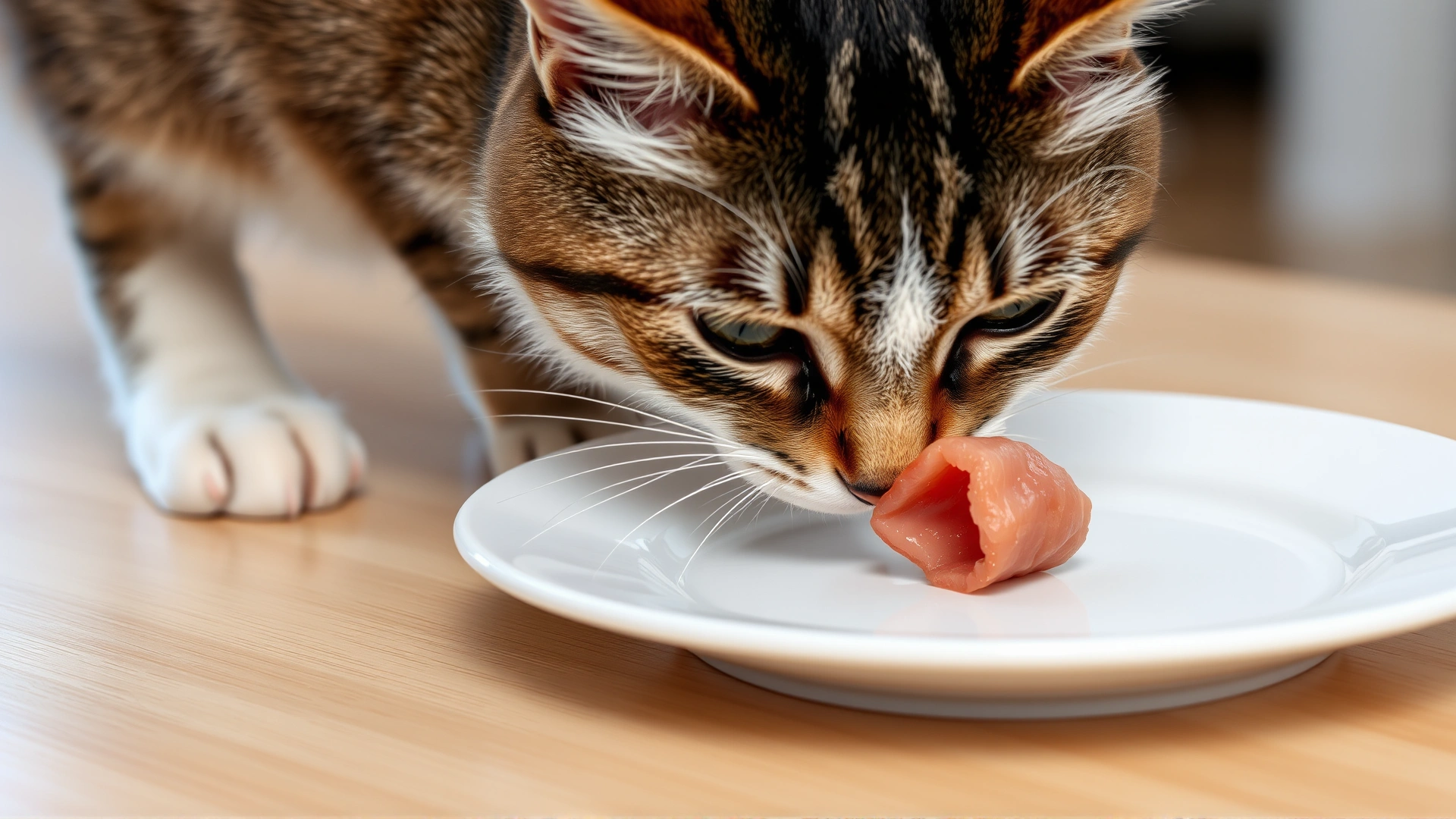 Domestic short-haired cat cautiously sniffing a small piece of ham on a white plate
