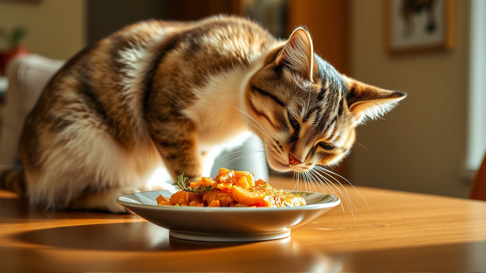 Domestic cat stretching its neck to sniff a small plate of cooked salmon flakes on a dining table, bright warm indoor light