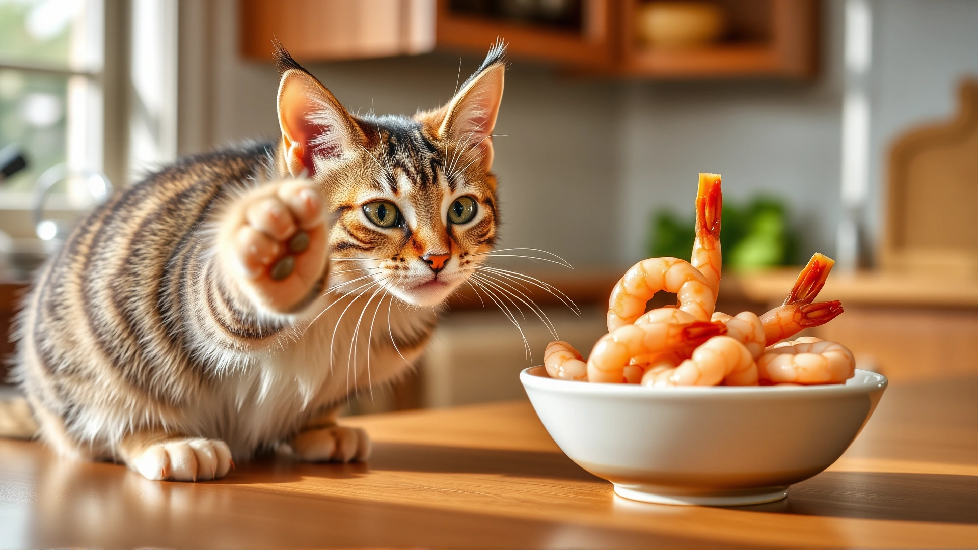 Playful tabby cat reaching a paw toward a small bowl of plain cooked shrimp on a countertop, natural light, cozy kitchen atmosphere.