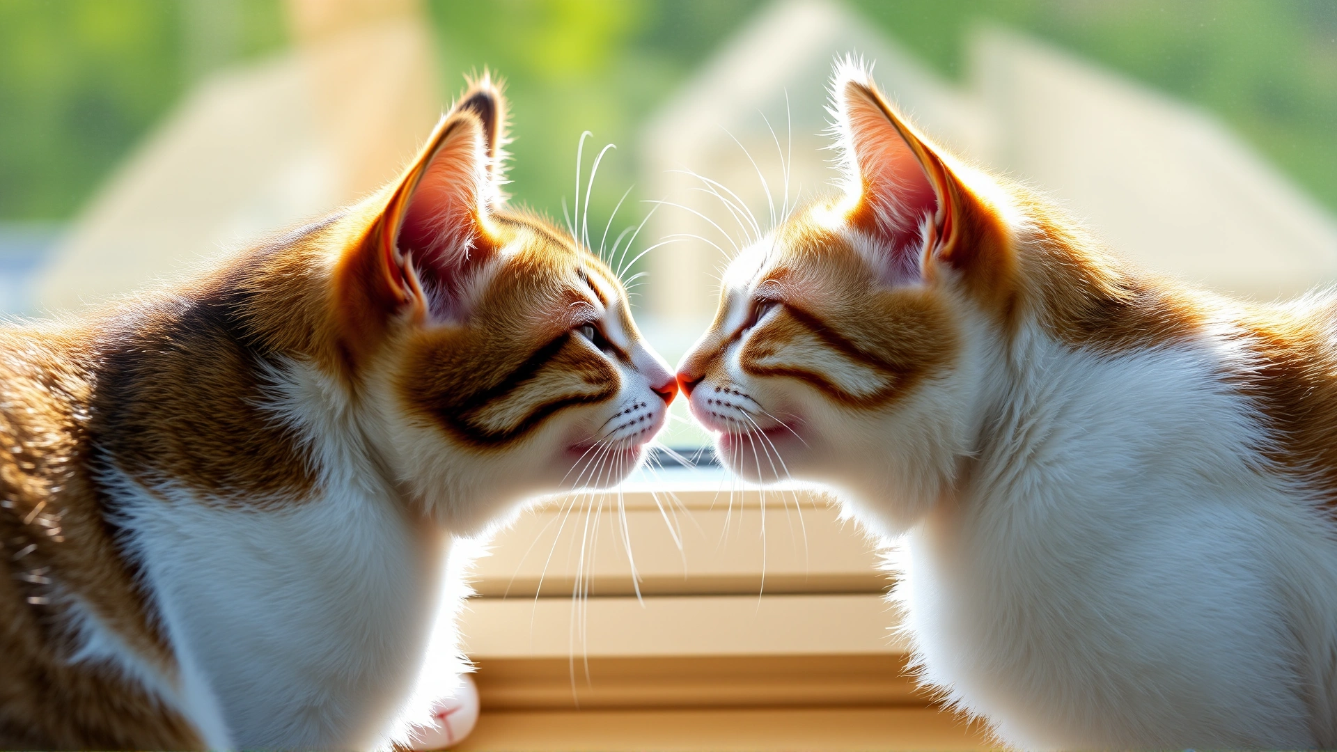 Two domestic cats touching noses while sitting on a sunny windowsill, representing cat-to-cat interaction that can spread viruses.