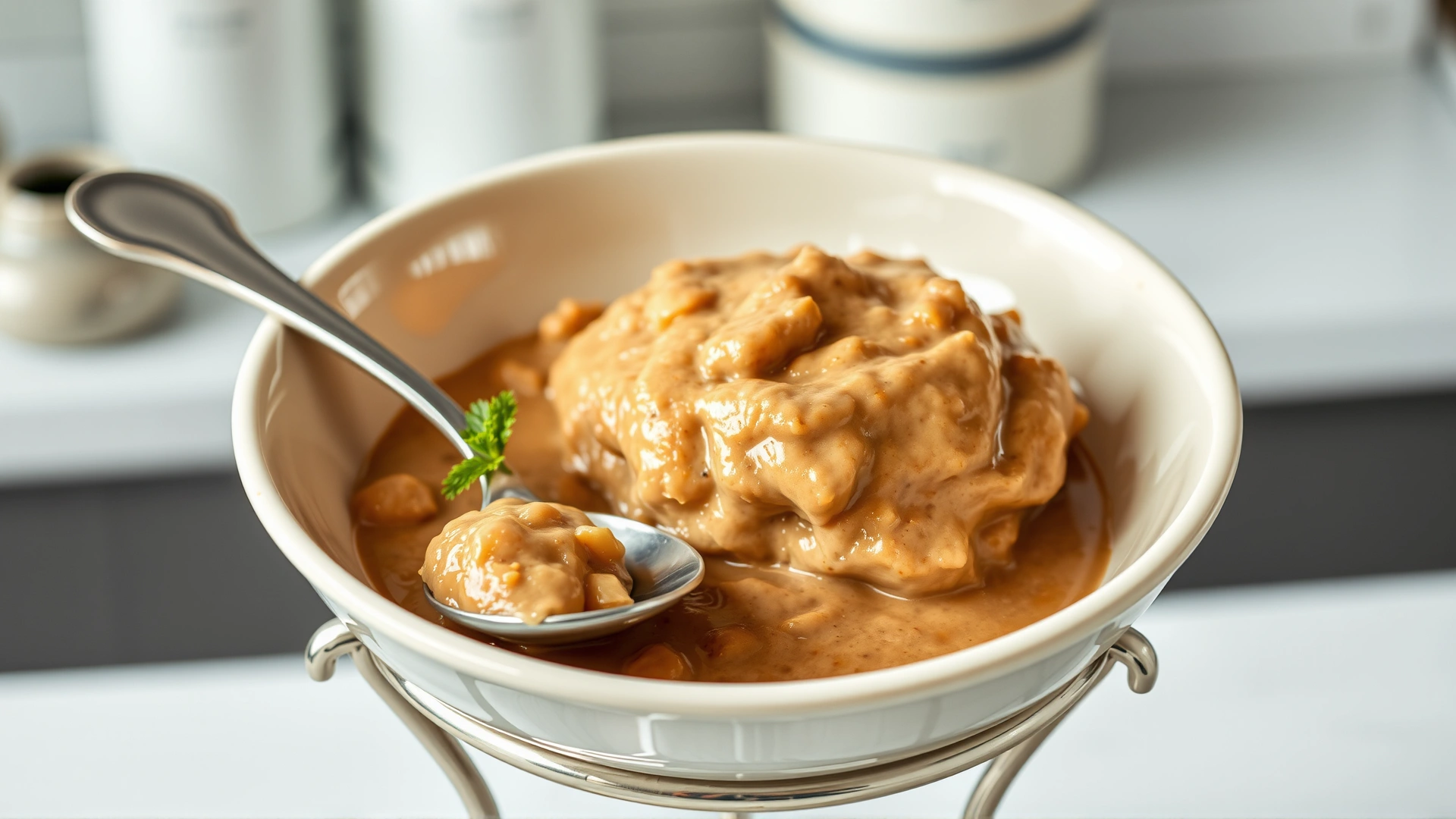 Bowl of soft, pâté-style cat food with a spoon next to it, placed on an elevated stand, kitchen setting.