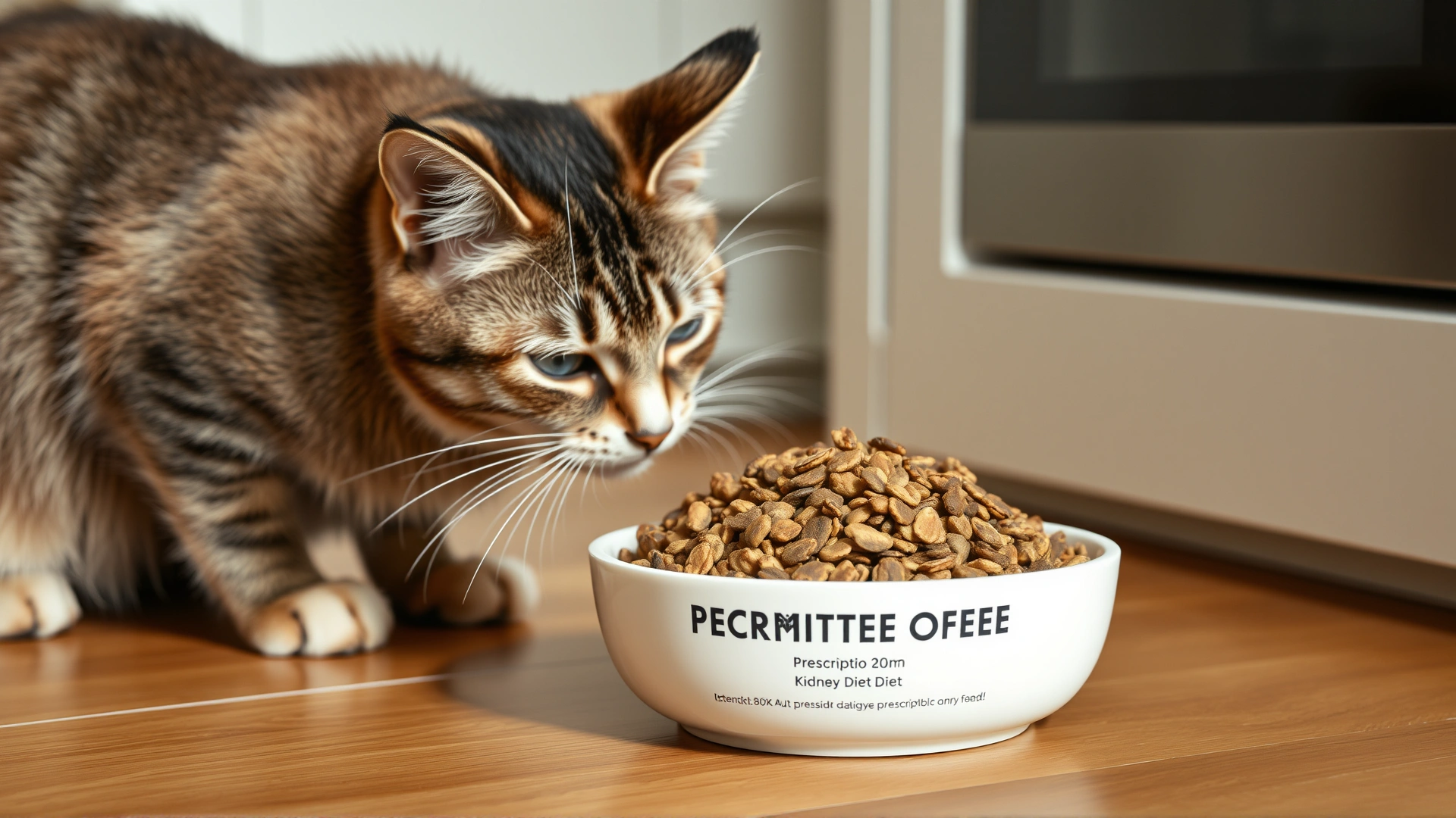 Bowl of prescription kidney diet dry food placed on a kitchen floor while an older cat curiously sniffs it, natural daylight.