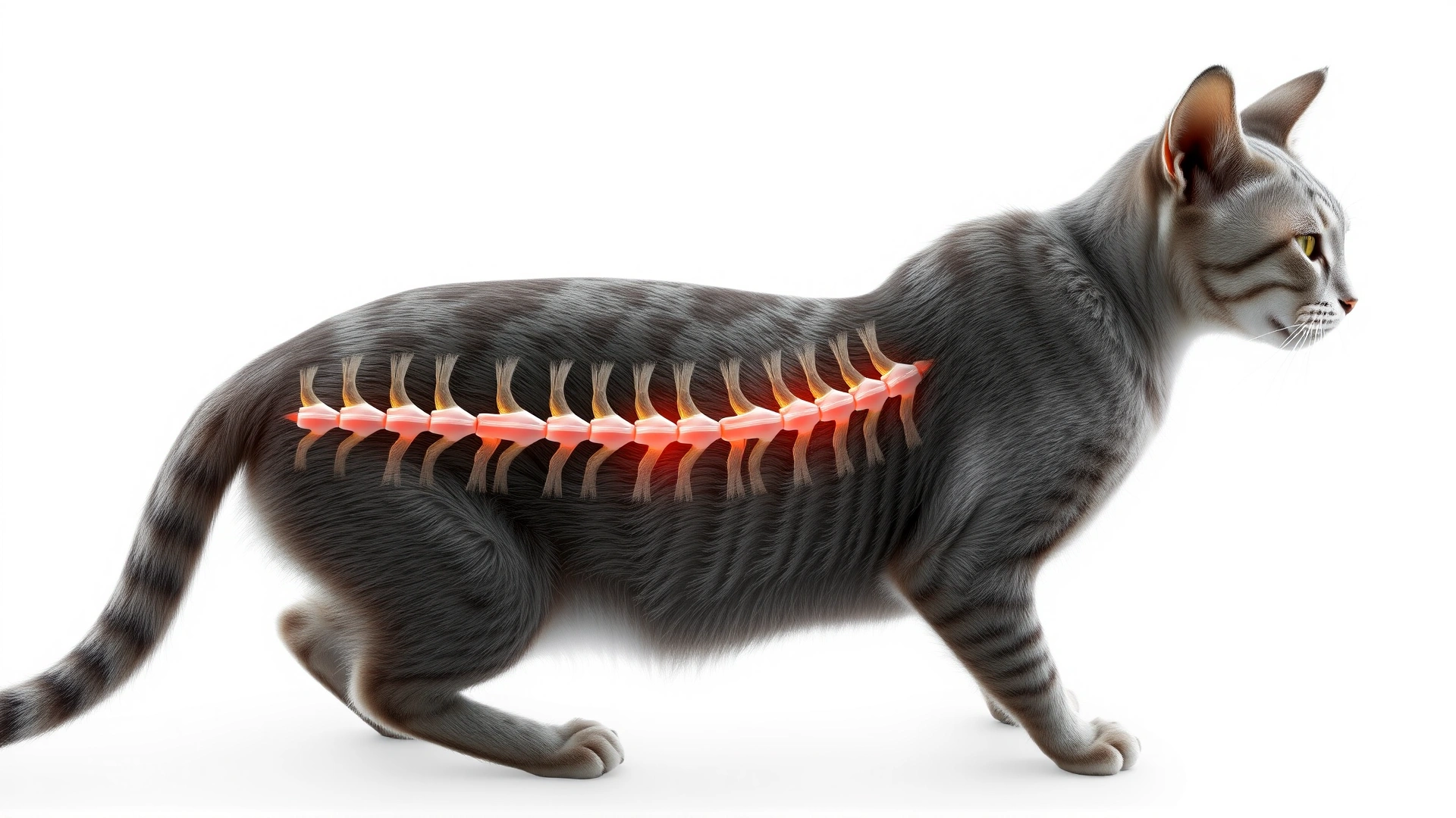 Detailed medical-style digital illustration of a cat’s spinal column with highlighted intervertebral discs, white background, no text.