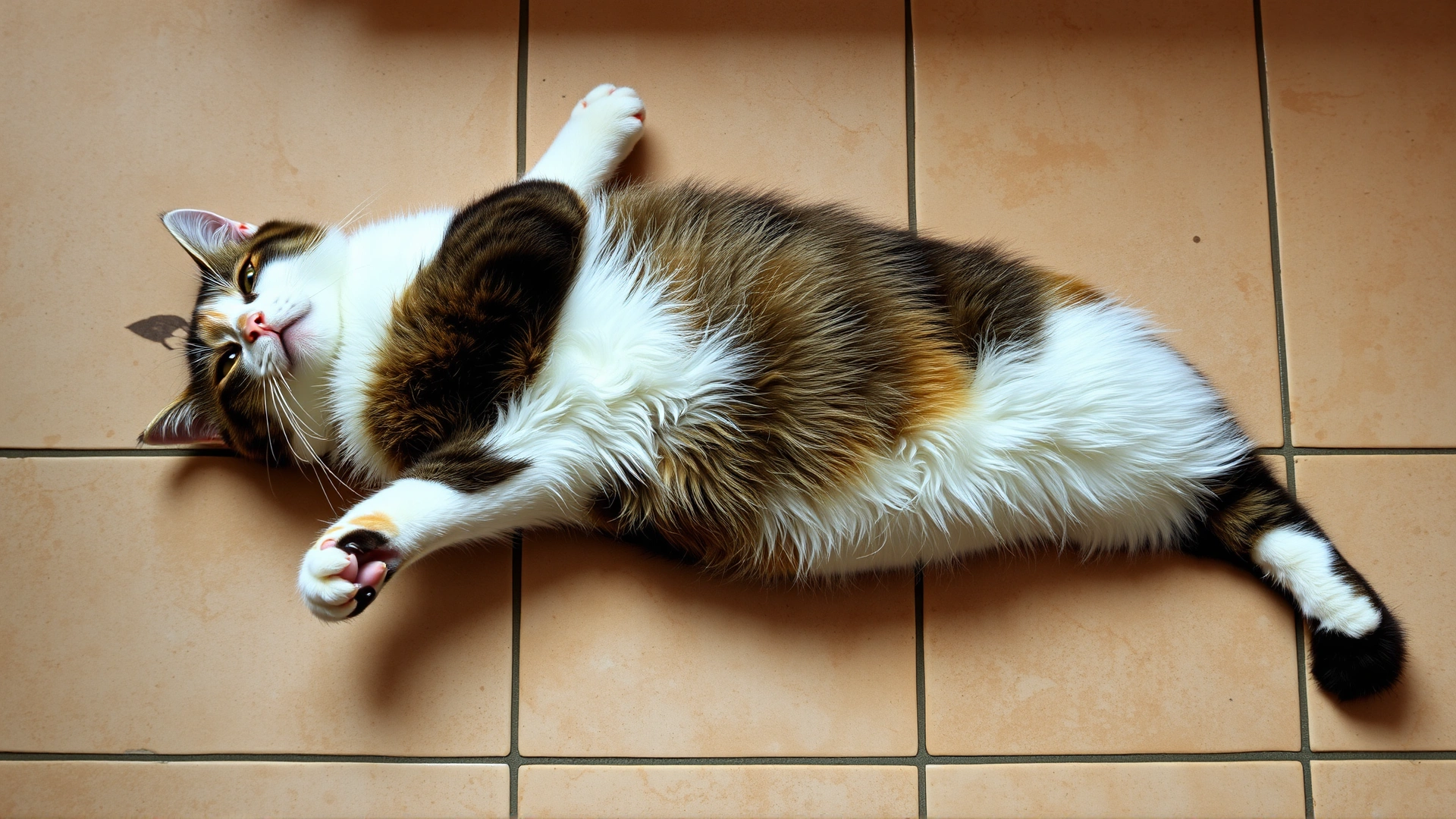 Calico cat lying flat on cool kitchen tiles with hind legs stretched straight back (sploot position), overhead view
