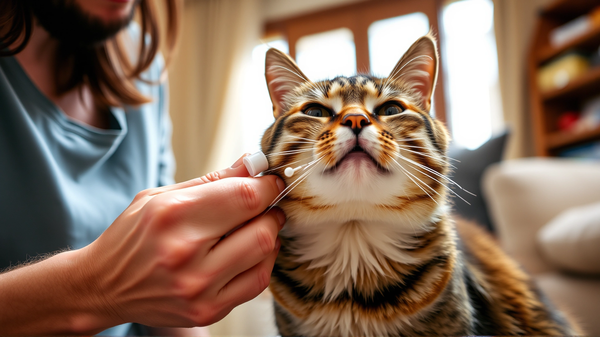 Owner gently parting the fur on a cat's neck to apply a spot-on flea medication at home, cozy living-room background, natural lighting.