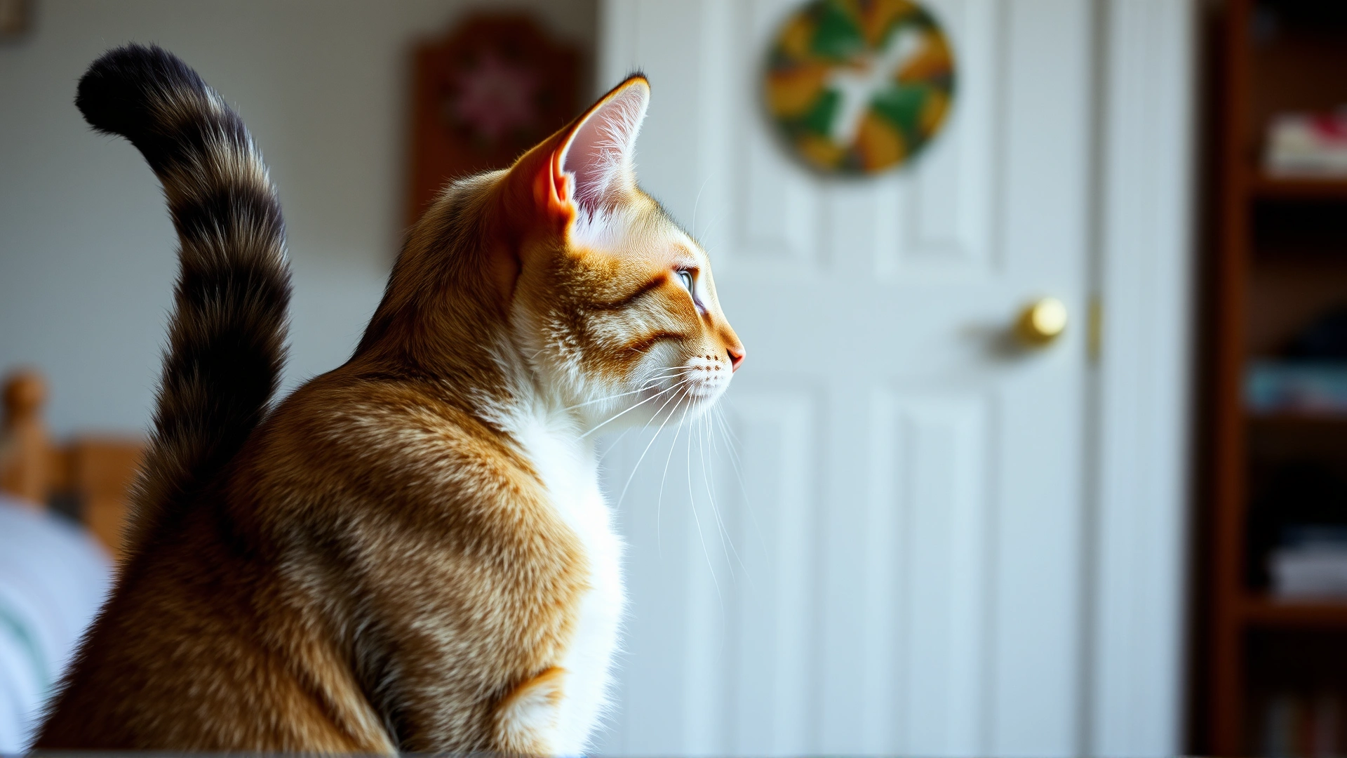 Side view of an unneutered male cat standing with tail slightly raised, spraying a vertical surface inside a home environment.
