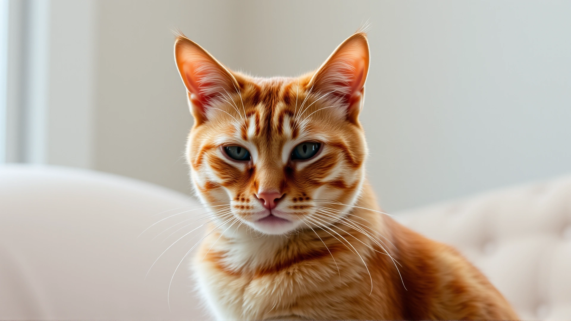 Orange tabby cat sitting on a couch and squinting one eye, natural daylight, shallow depth of field.