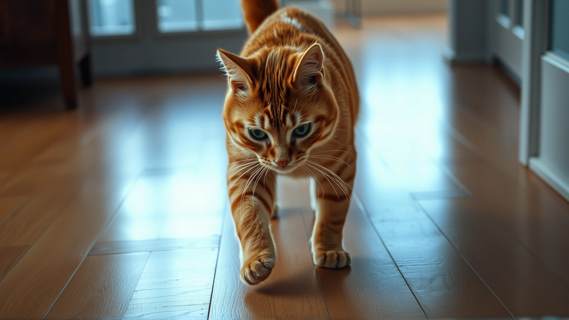 Medium shot of a ginger cat walking unsteadily with hind legs splayed on a hardwood floor