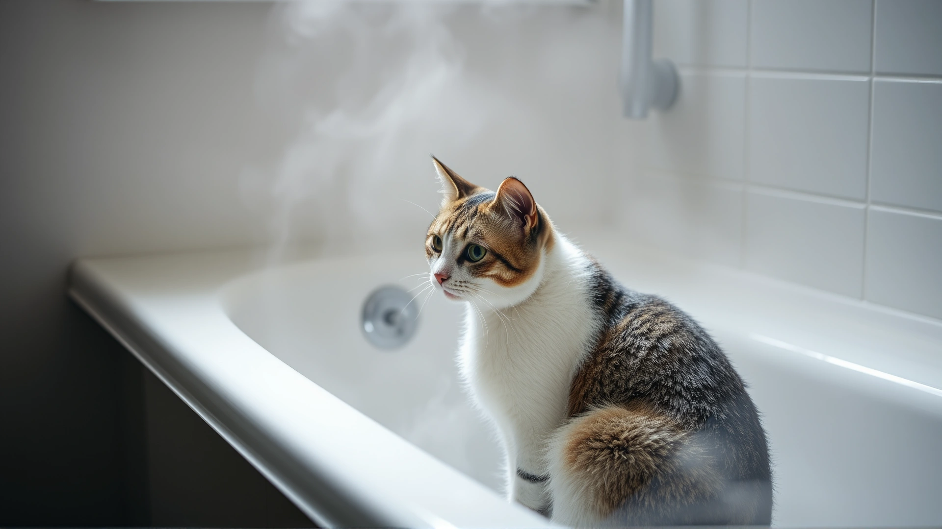 Cat in a steamy bathroom sitting calmly next to a bathtub, mild vapor in the air.