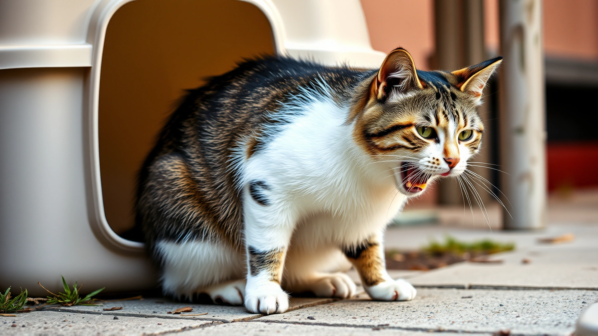 A male cat outside its litter box in a squatting position, visibly straining to urinate with a concerned facial expression.