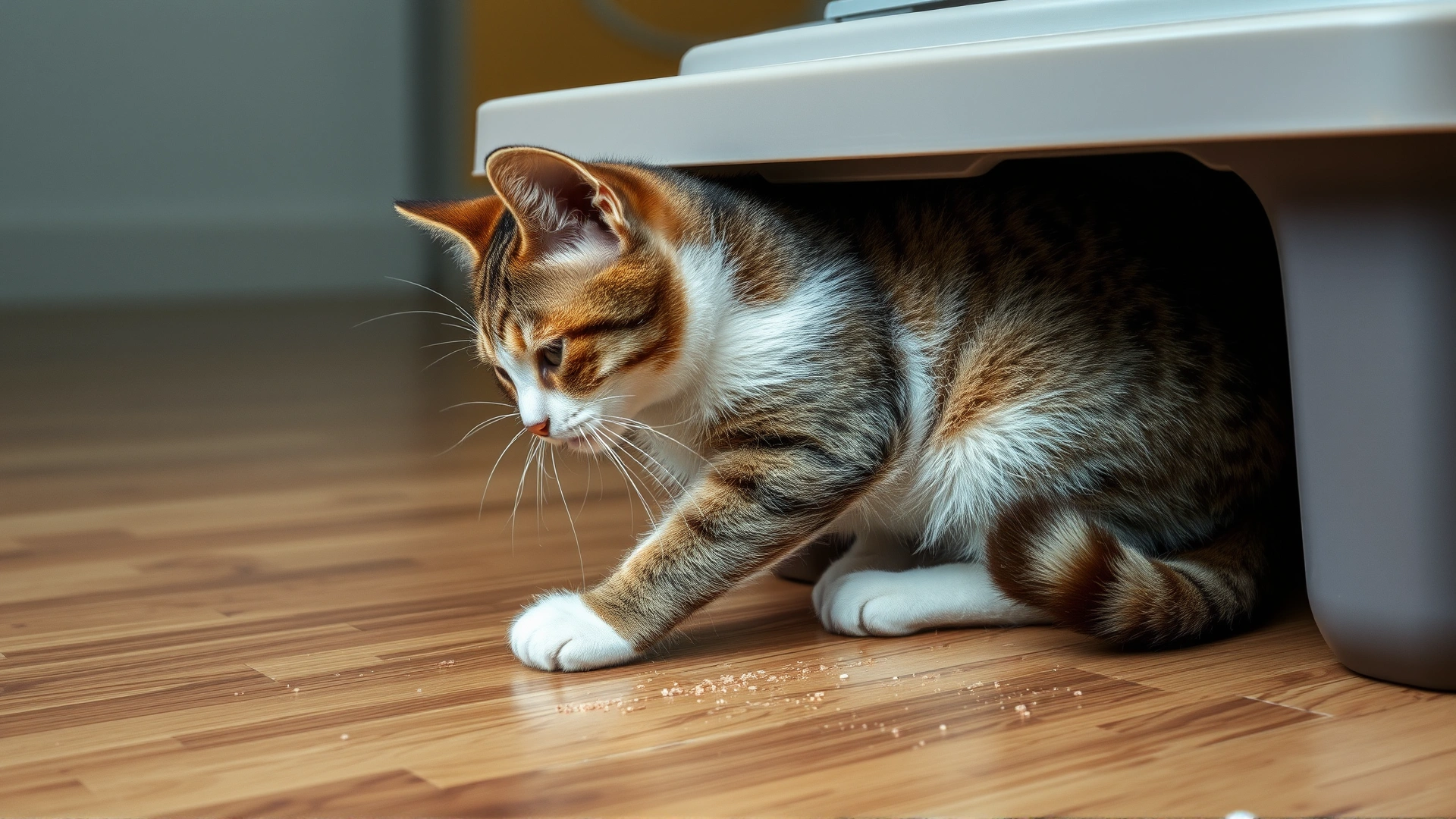 Frustrated cat scratching outside the litter box on the floor, showing signs of stress.
