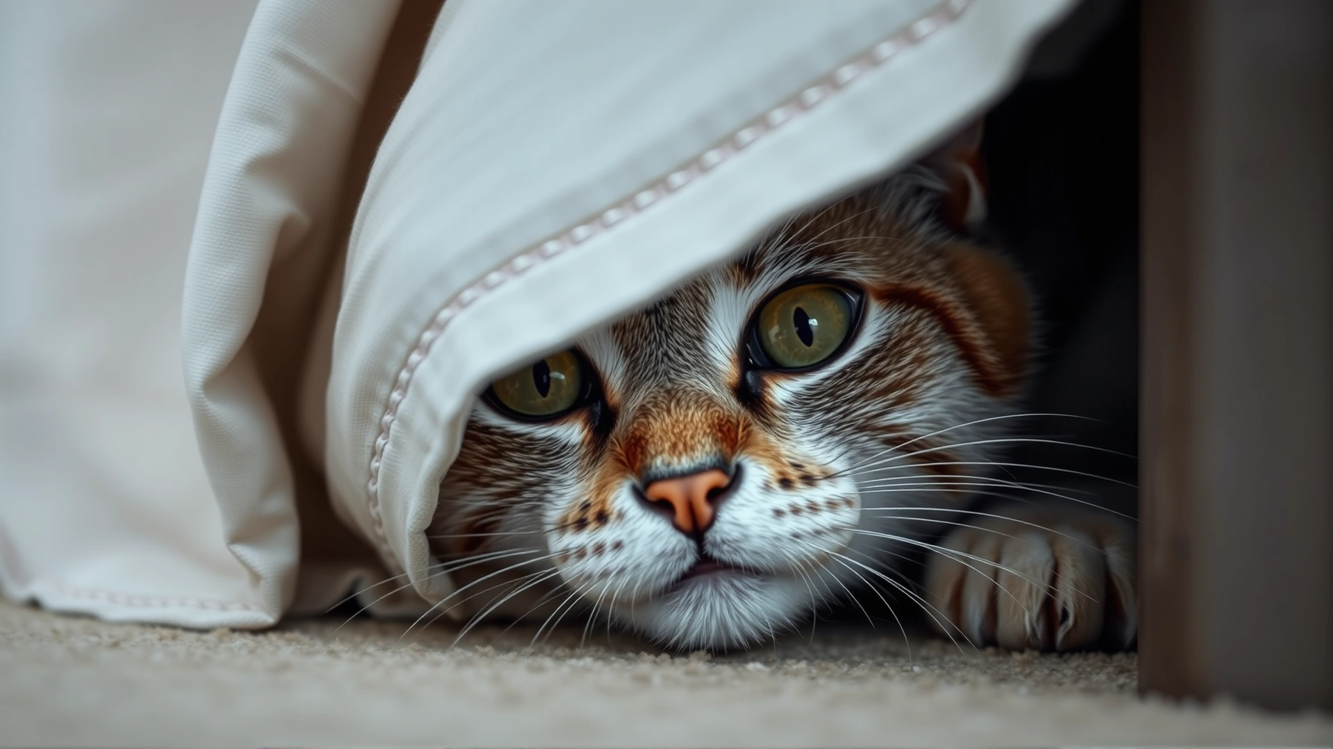 A cat hiding partially under a bed, eyes wide, showing signs of stress.