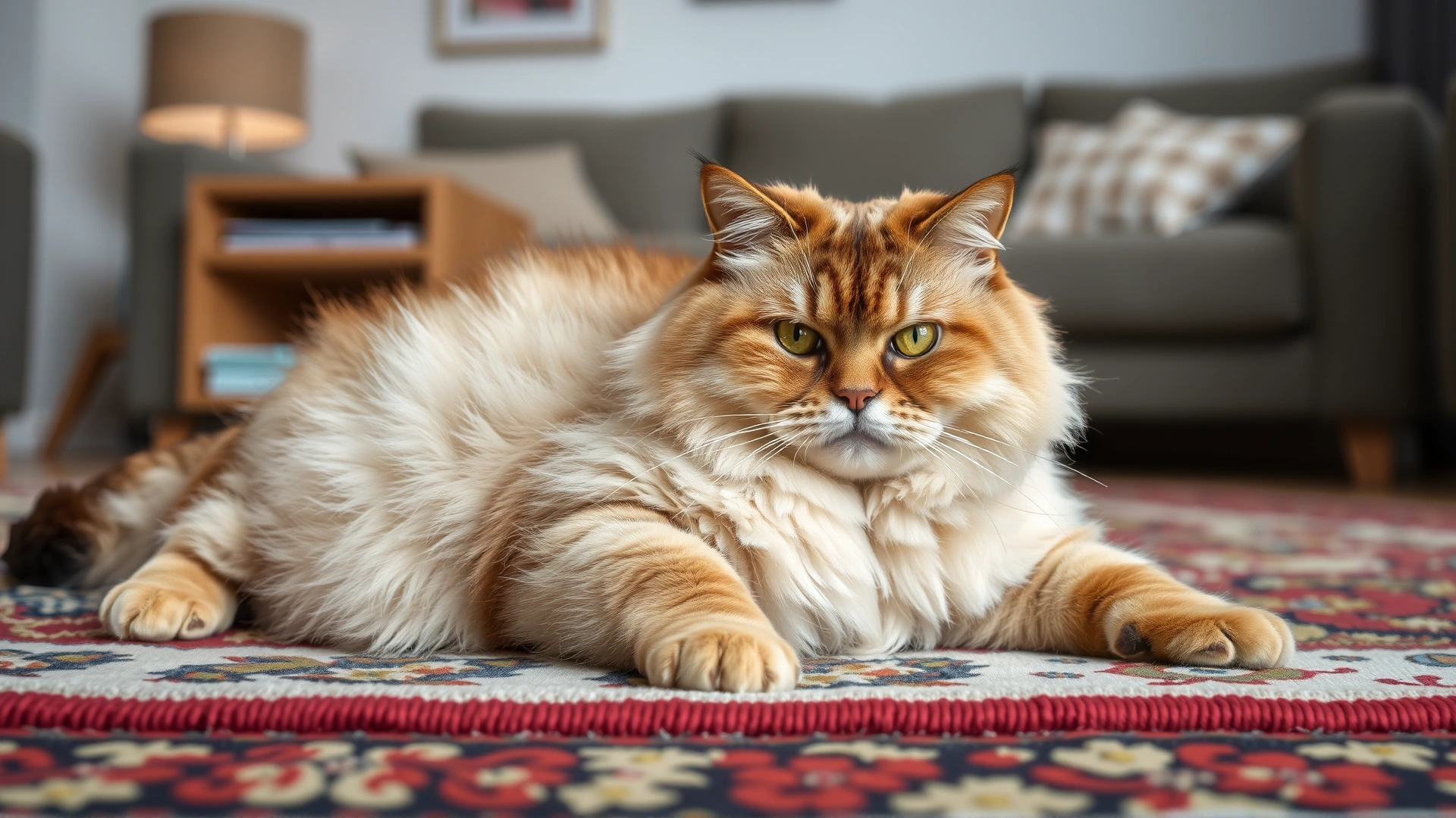 Plump domestic cat stretching on a living room rug, emphasizing its overweight condition.