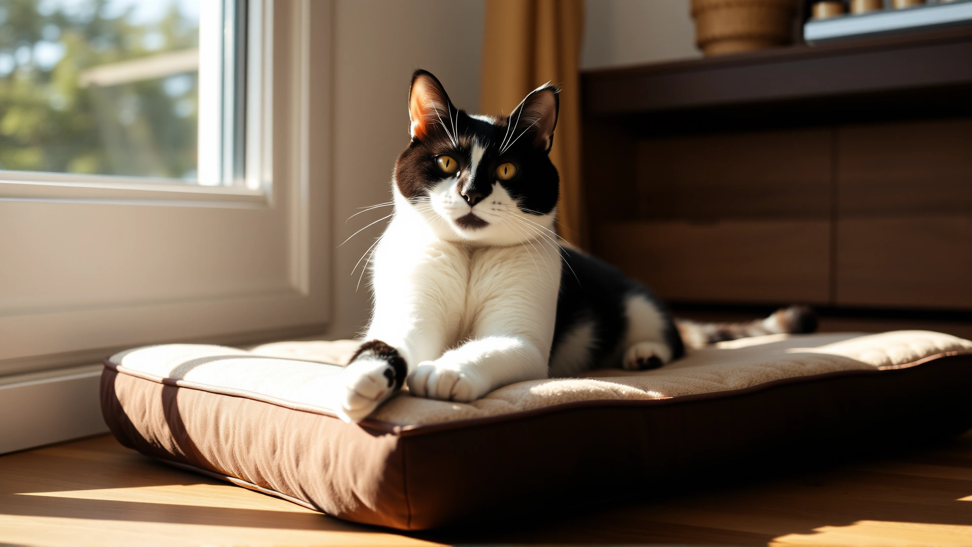 Content senior black and white cat stretching its front legs on a soft orthopedic pet bed near a sunny window