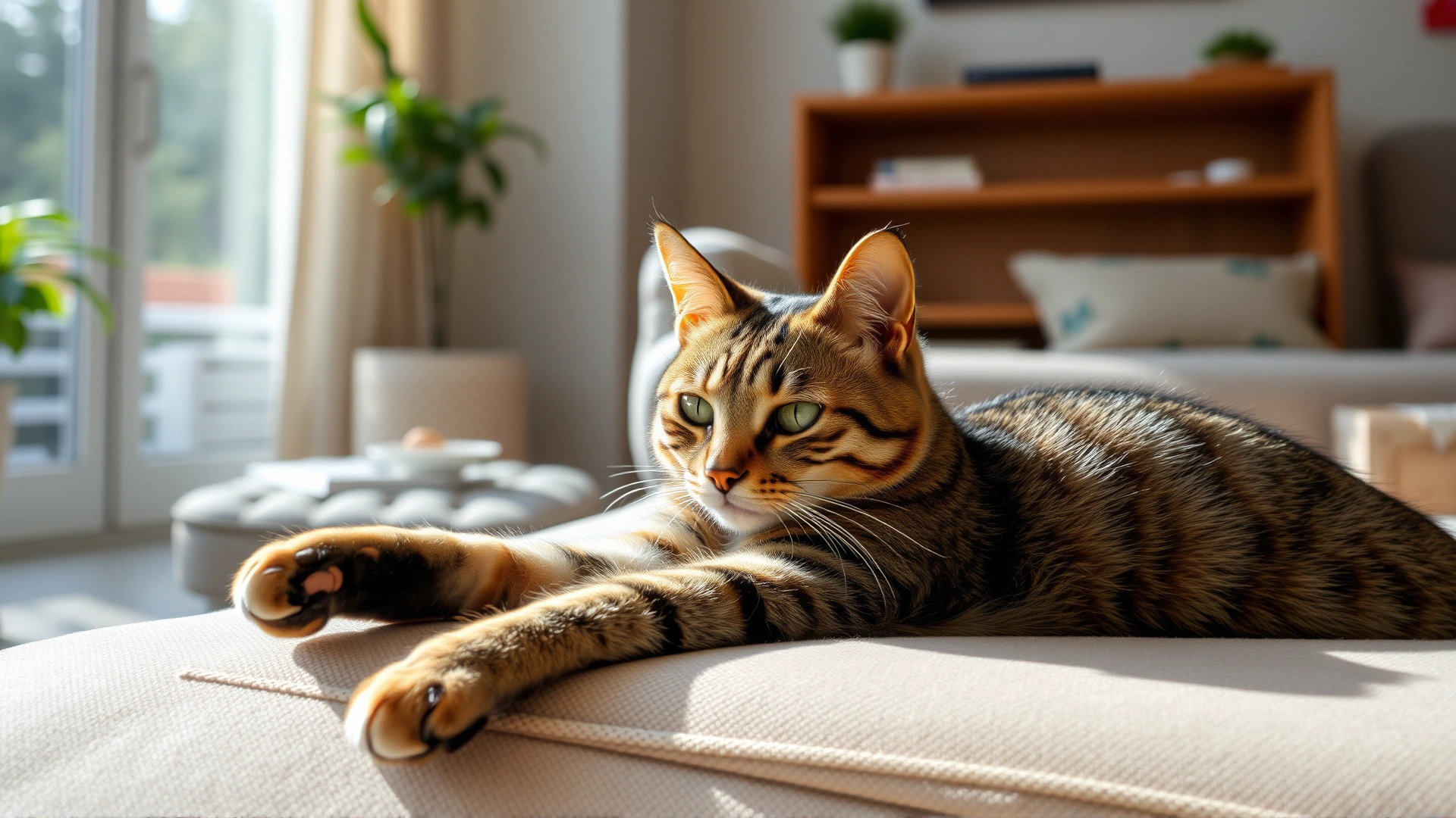 A relaxed tabby cat stretching on a soft sofa in a sunlit living room, conveying a calm domestic environment.