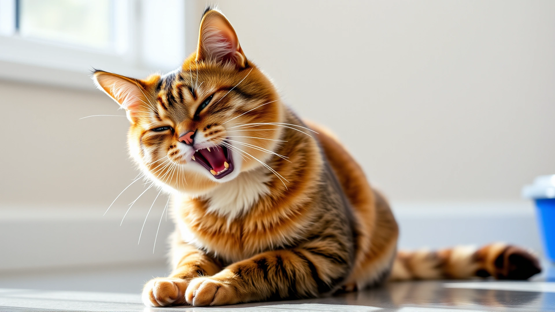 Domestic cat sitting with its mouth slightly open and neck extended forward, illustrating respiratory distress; neutral indoor background, natural lighting.