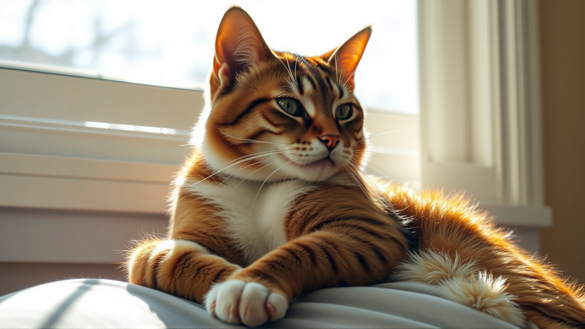 Cat and owner sitting by a sunny window; the cat is lounging on the owner's lap soaking up the sun rays, warm golden tones.