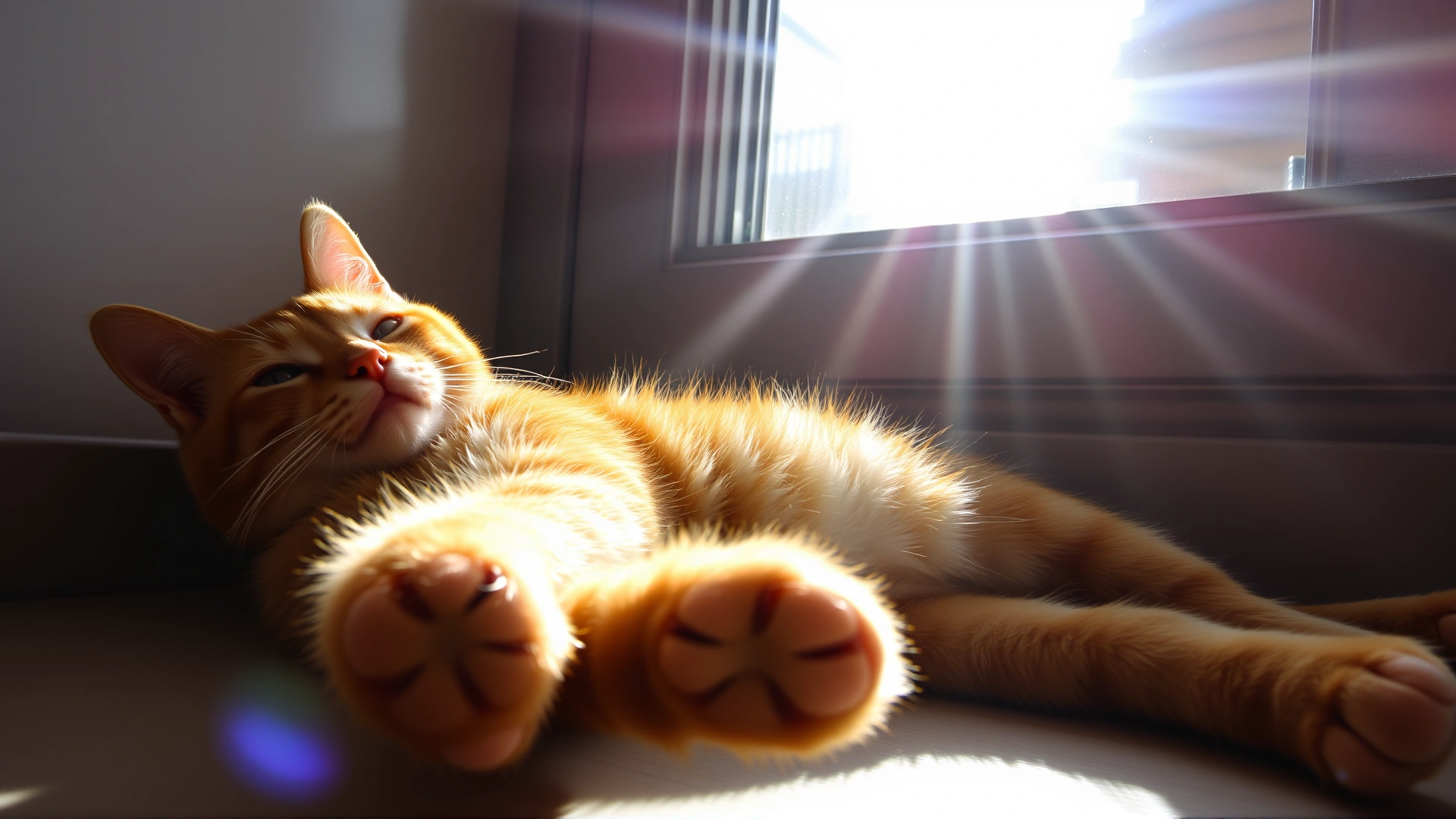 A ginger cat lying near a sunlit window, stretching and enjoying the warm rays.