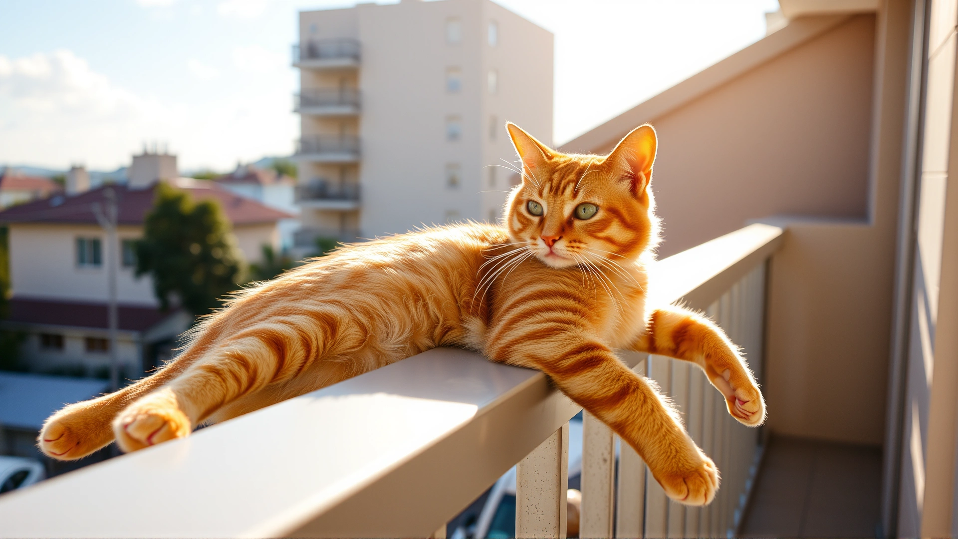 Full-body shot of an orange tabby cat stretched out on a balcony railing basking in bright afternoon sun.