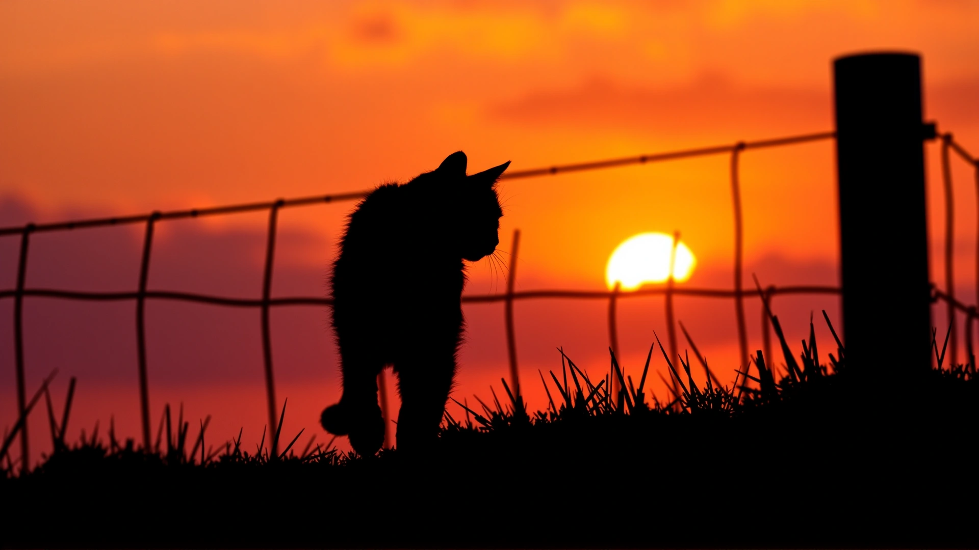 Silhouette of a cat walking along a fence at sunset with warm orange and purple sky, illustrating crepuscular activity.