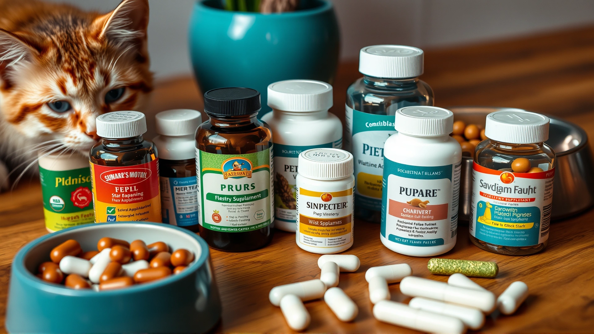Close-up of assorted feline dietary supplements and vitamins on a wooden table next to a food bowl.