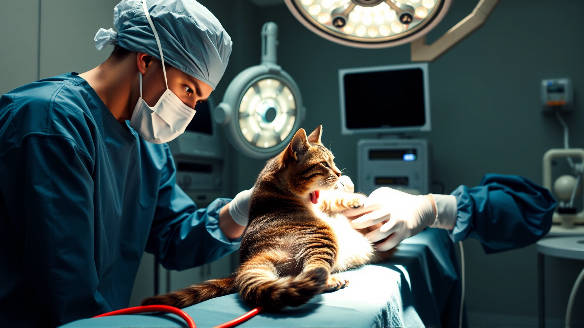 Operating room scene with surgeon in scrubs performing abdominal surgery on a cat under anesthesia (no blood visible).