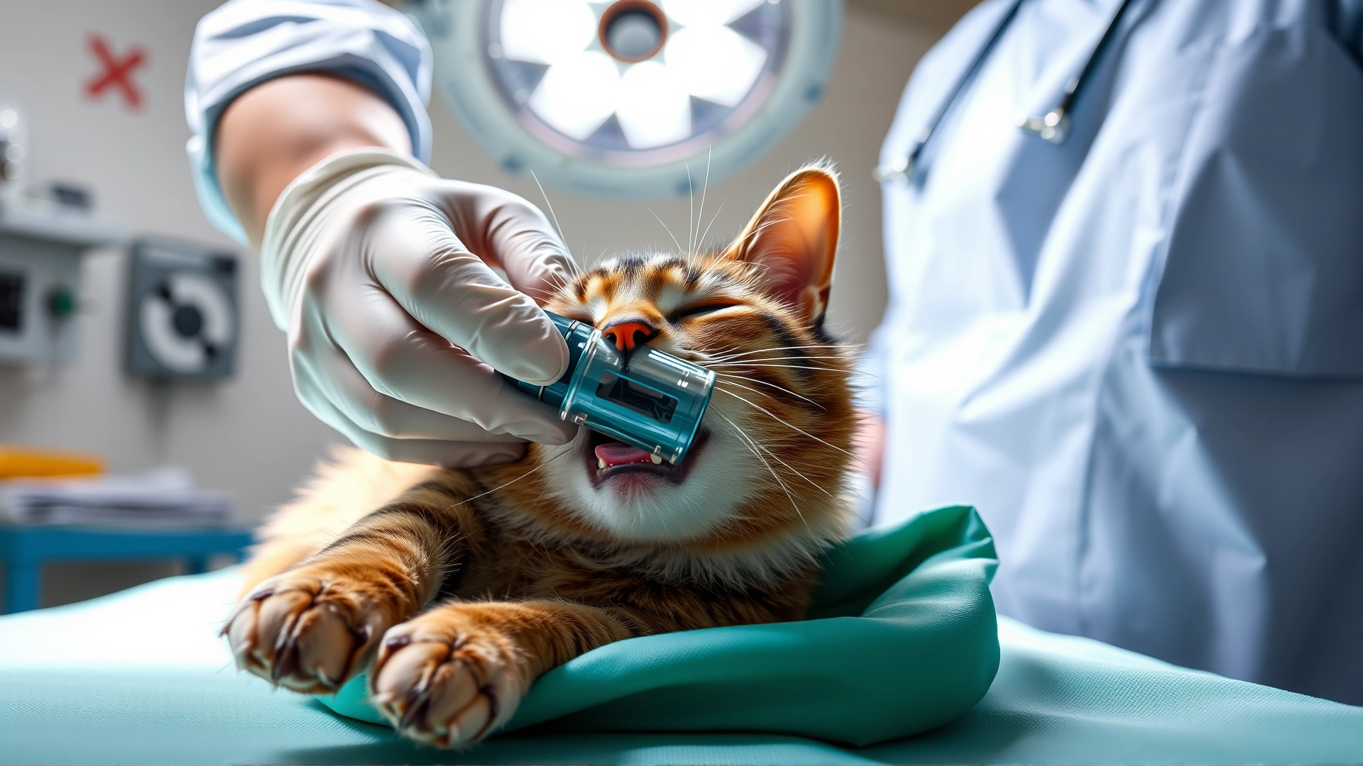 Veterinary surgeon wearing sterile gloves placing a chest tube in an anesthetized cat on an operating table, surgical lights above, no text