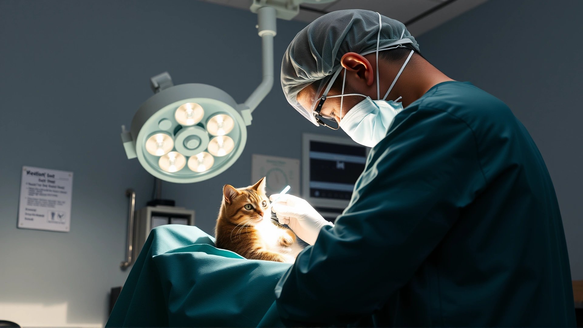 Sterile veterinary operating room where a surgeon is suturing a cat's muscle tear under bright surgical lights.