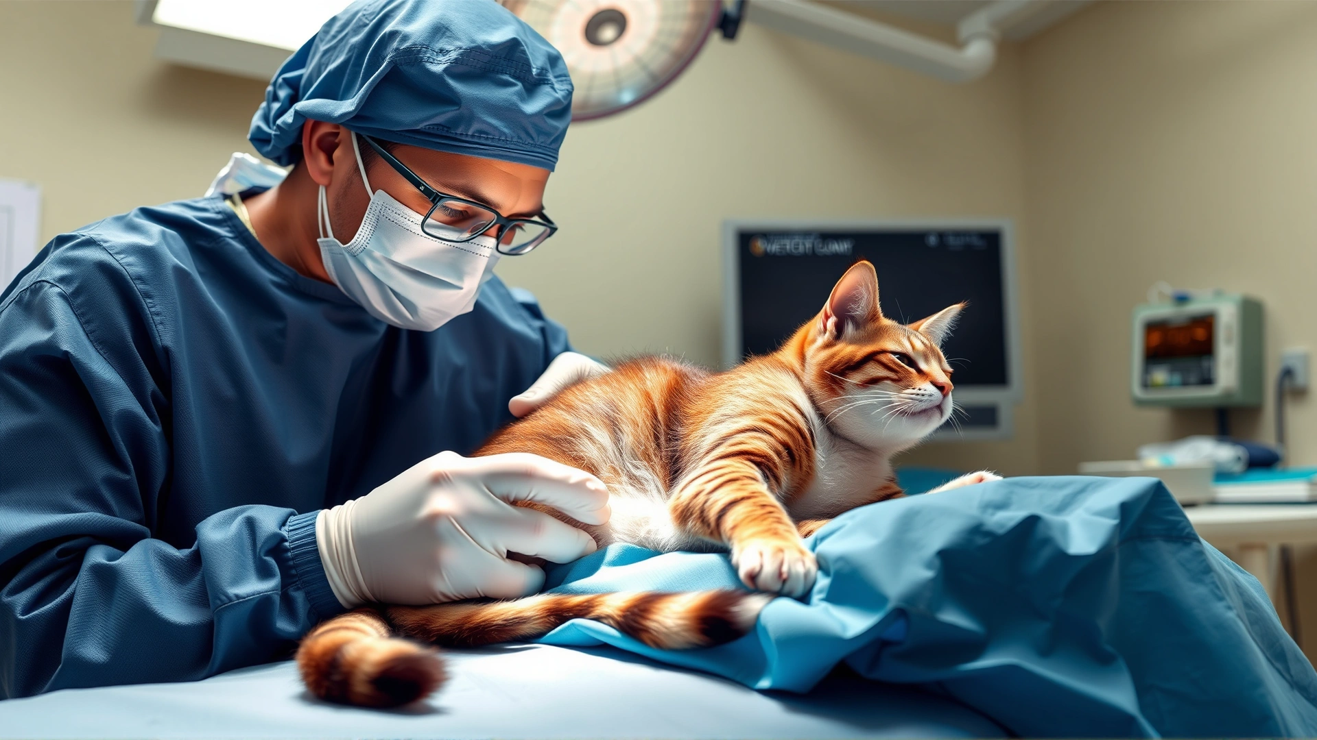 Veterinary surgeon performing a ventral bulla osteotomy on an anesthetized cat in a sterile operating room, focus on the surgical site with proper lighting.