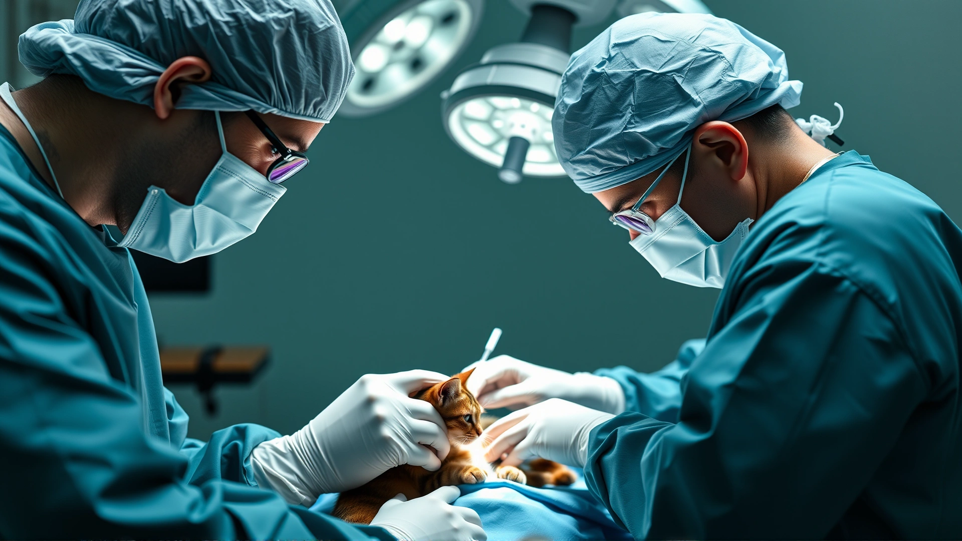 Veterinary surgical team wearing sterile gowns operating on a cat, focus on surgeon’s hands and surgical field, no text