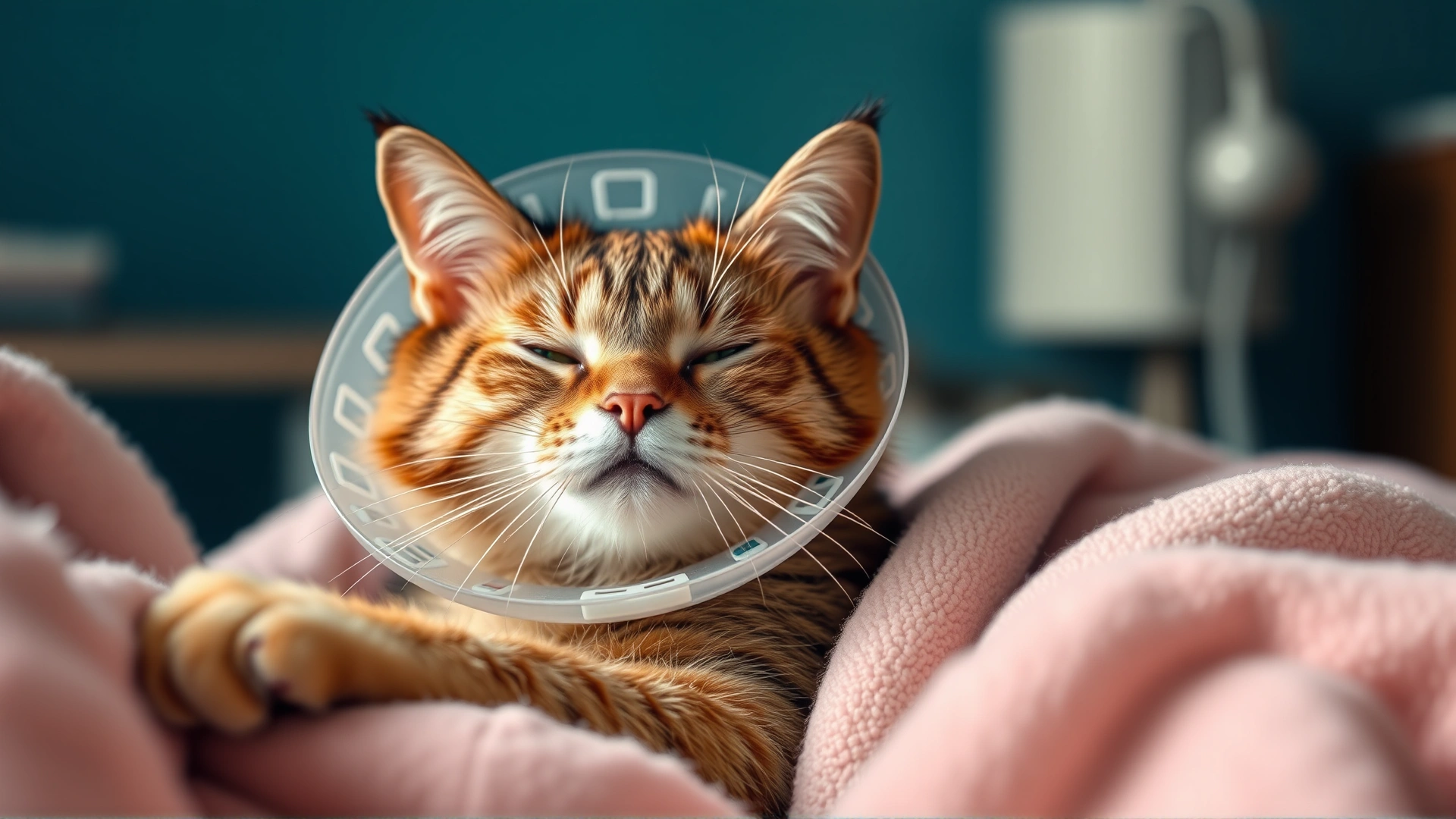 Indoor shot of a cat recovering post-surgery, wearing an Elizabethan collar, resting comfortably in a soft blanket