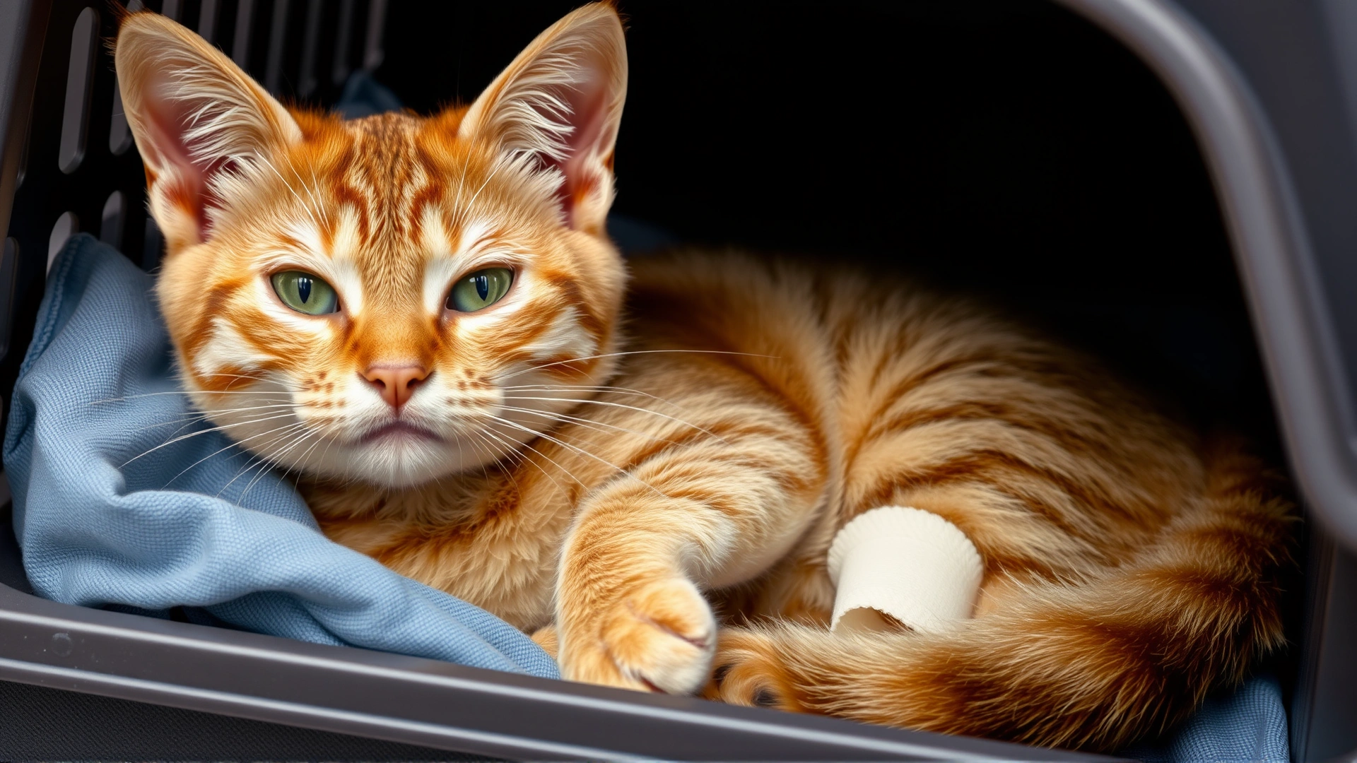 Photo of a cat wearing a small bandage on its front limb, resting comfortably in a carrier after surgery