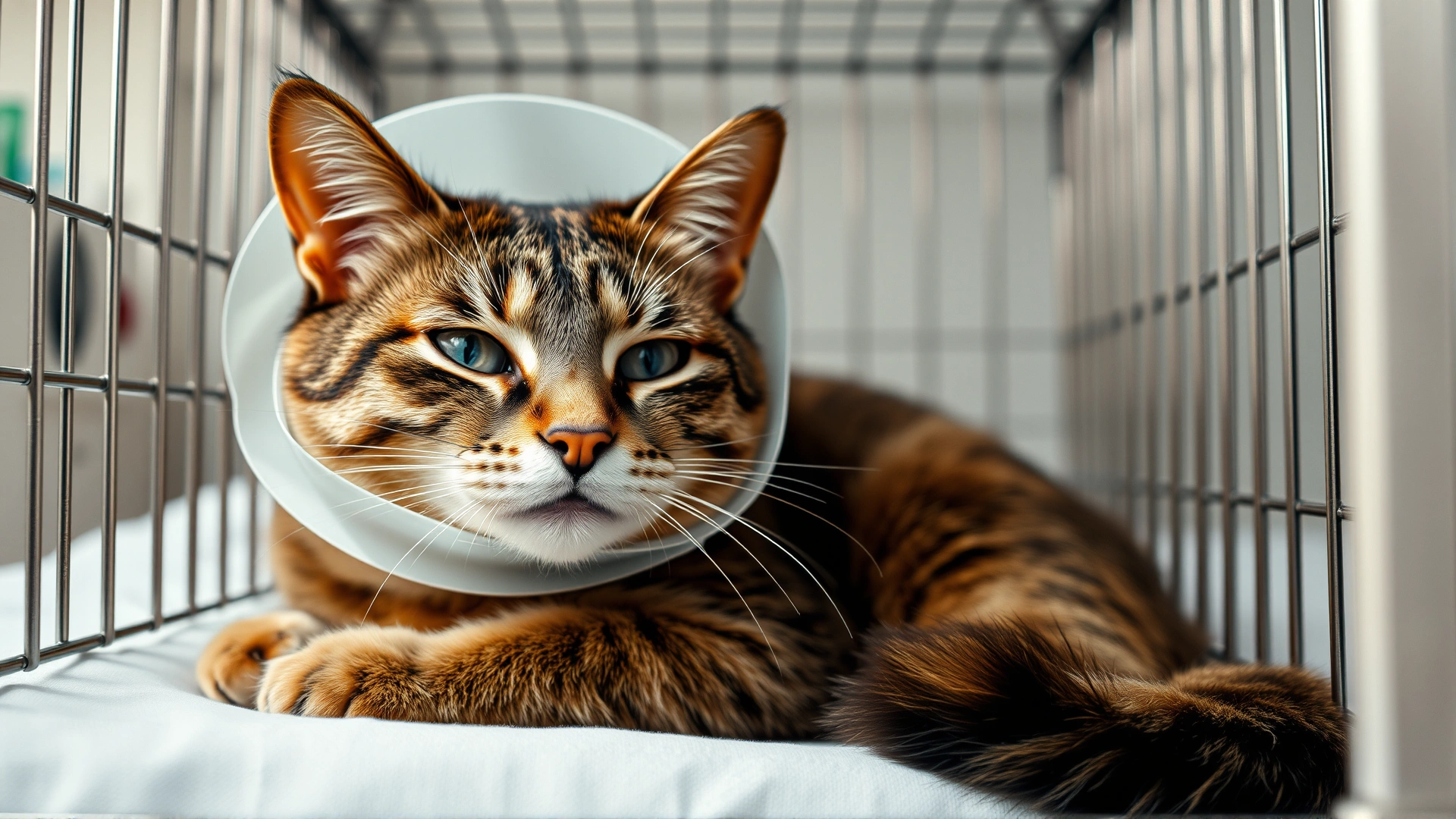 Cat resting in a recovery cage wearing an Elizabethan collar after eye surgery, appearing calm and comfortable.