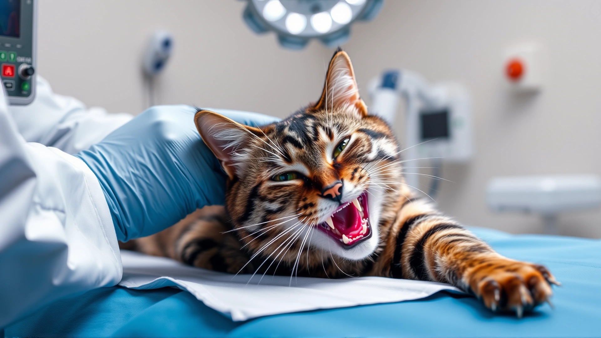 Cat under anesthesia on a surgical table with monitoring equipment, veterinarian in sterile gloves performing dental extraction.