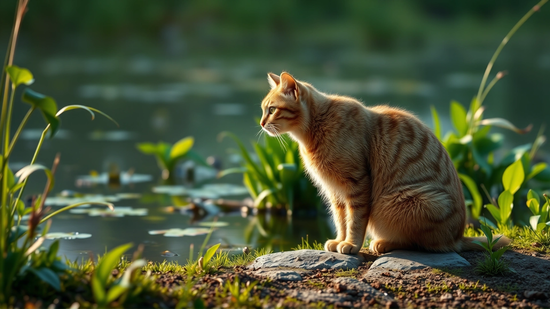 Domestic cat near stagnant pond with lush green vegetation and soft morning light, emphasizing environmental risk factors for pythiosis