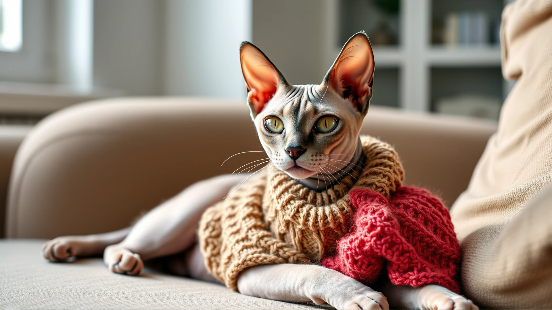 Hairless cat wearing a cozy knitted sweater while lying on a sofa, natural home lighting