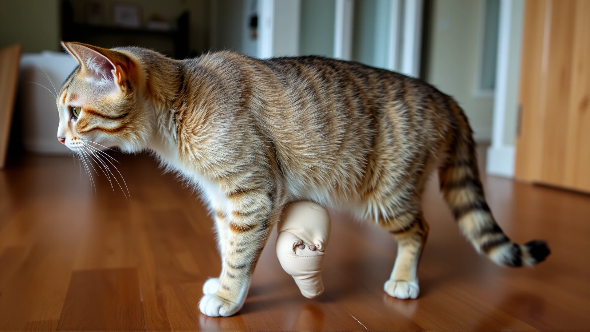 Domestic short-haired cat with a mildly swollen hind leg standing on a wooden floor at home, side profile, high-resolution photo.