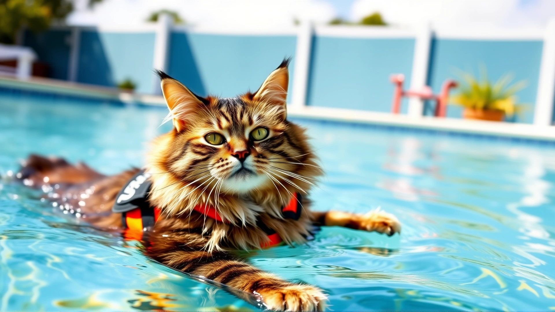 Maine Coon cat confidently paddling in a backyard swimming pool wearing a small safety vest on a sunny day.